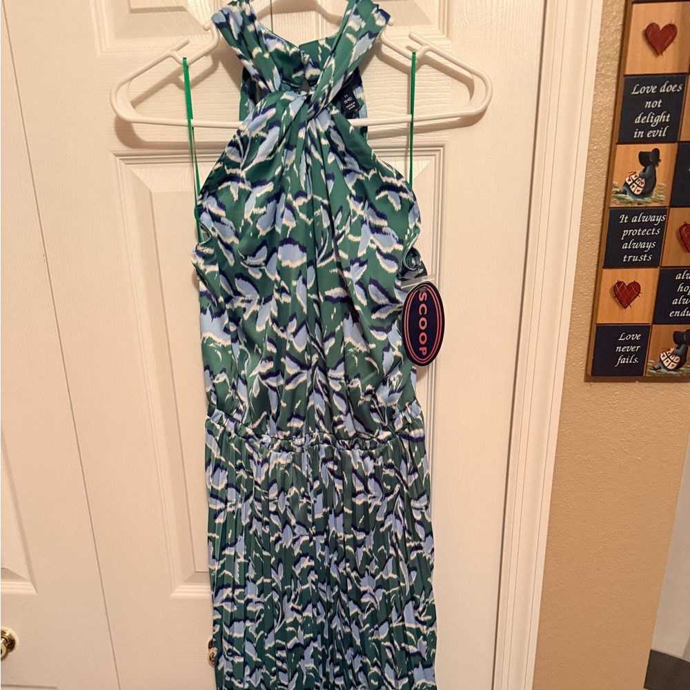 NWT SCOOP Green and Blue Patterned Halter Dress M